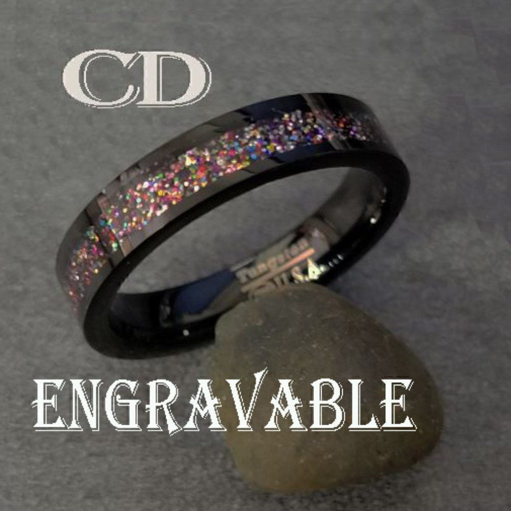 Personalized Engraved Men's Purple and Red Opal Tungsten Wedding Ring Band